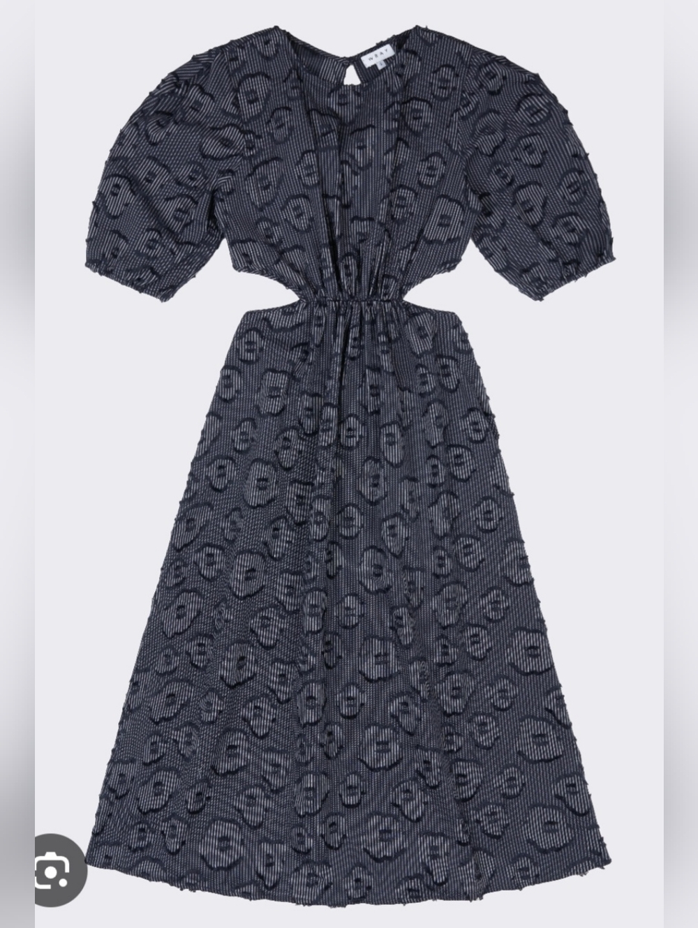 Wray Textured Navy Midi Dress with Puff Sleeves - M